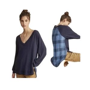 Anthropologie Pilcro Navy Blue Plaid Oversized Flowy Long Sleeve Top Size XL